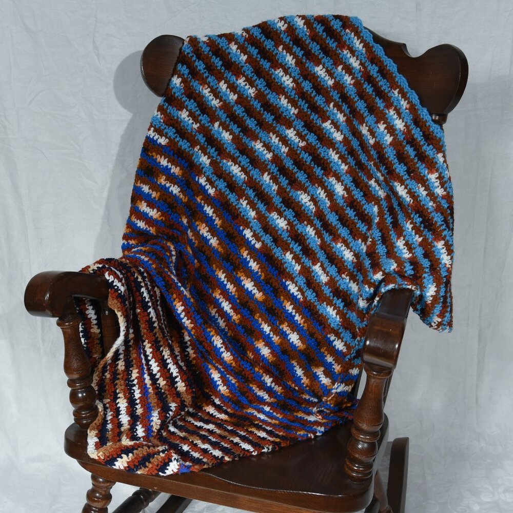 New, hand crocheted afghan throw blanket in blues, brown & black 39" x 52"